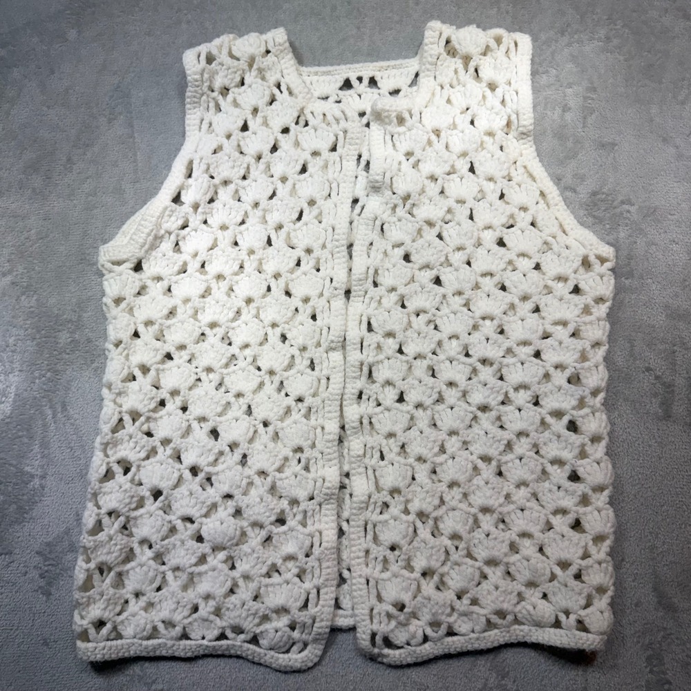 Vintage 70s Crochet Vest Cream‎ White Open Knit Boho Shell Pattern Size M L